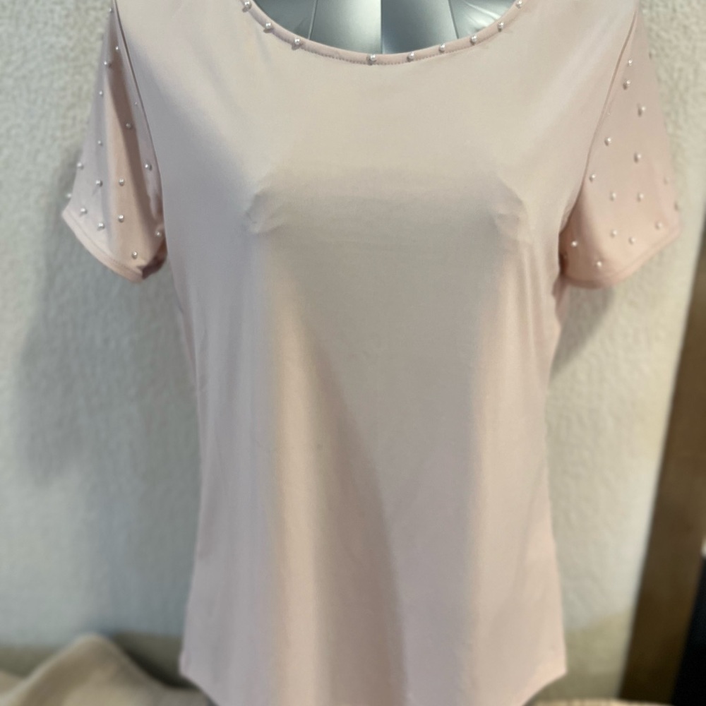 Tahari Blush Pink Short Sleeve Pearl-Trim Tee